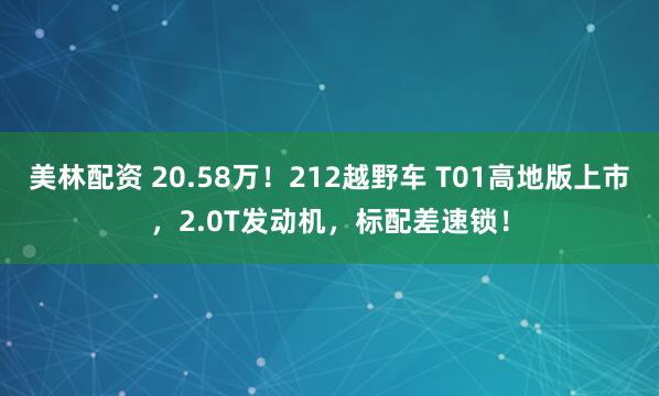 美林配资 20.58万！212越野车 T01高地版上市，2.0T发动机，标配差速锁！